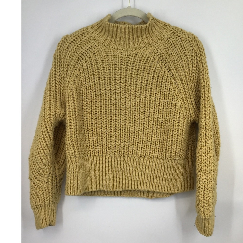 H&M Mustard Yellow Chunky Knit Mock Neck Sweater‎ Womens Medium Cozy Pullover M
